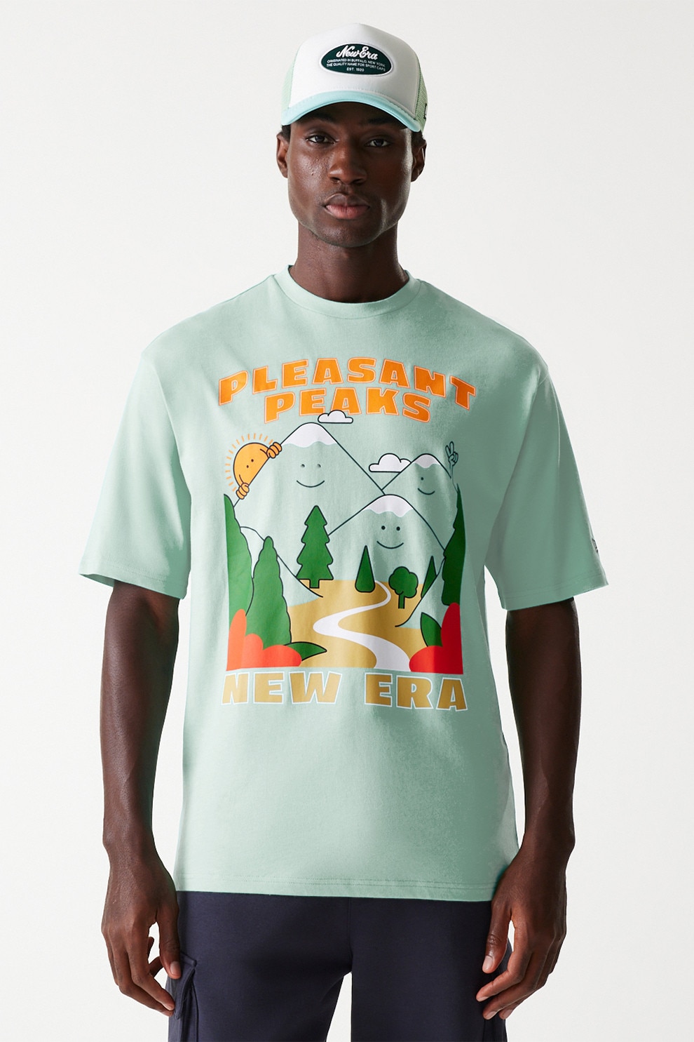 New Era, Tricou cu imprimeu grafic si decolteu la baza gatului, Verde, Portocaliu, Verde pal, M