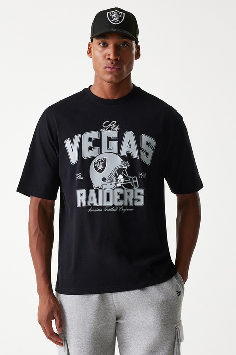 New Era, Tricou cu imprimeu Las Vegas Raiders si decolteu la baza gatului, Negru/Gri deschis