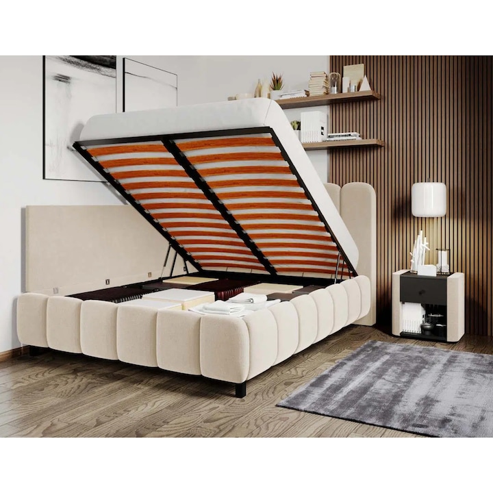 Pat Tapitat de colt, Bari cu Somiera Rabatabila, 140x200, Crem/Velluto 2