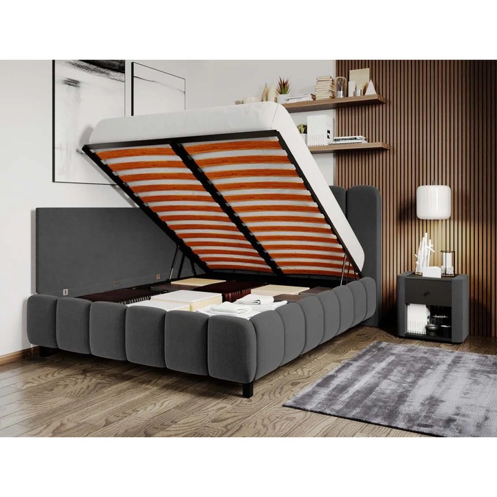 Pat Tapitat de colt, Bari cu Somiera Rabatabila, 160x200, Gri Inchis/Velluto 19