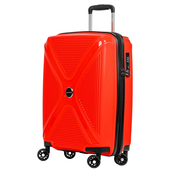 Valiza, Swissbags, 55 x 41 x 21 cm, Rosu, Cross-Box, Material Polipropilen, greutate 24 kg, Inchidere Cu Cifru Tsa, Roti Duble Rotative La 360°, Ideala Pentru Calatorii, Cabina, Rezistenta la Zgarieturi, Maner Telescopic