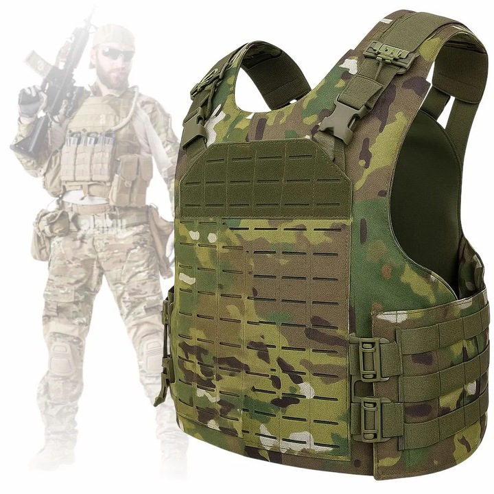 Vesta tactica reglabila Linovit®, Impermeabila, Sistem MOLLE, Buzunare modulare, Suport pentru placi balistice, pentru Airsoft, Paintball, Vanatoare sau Activitati outdoor, Kaki camuflaj