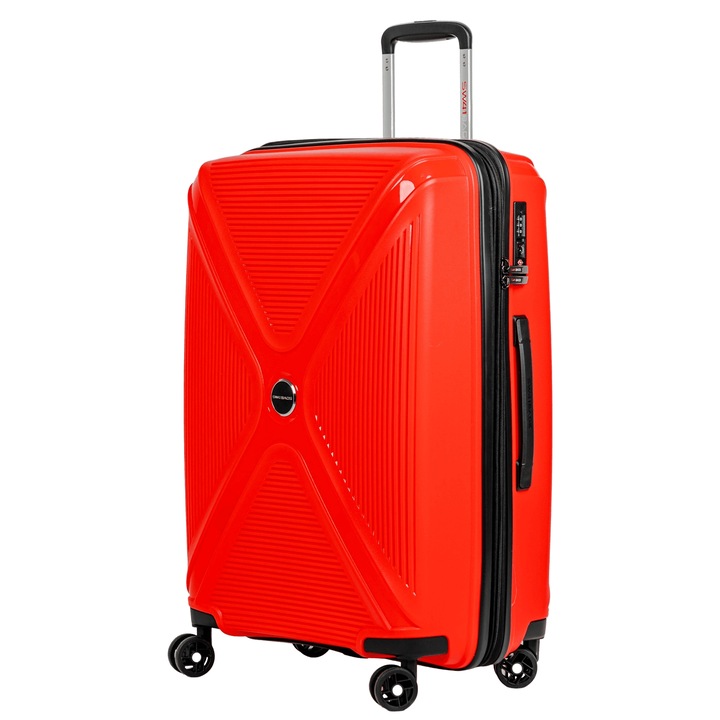Valiza, Swissbags, 67 x 30 x 45 cm, Rosu, Cross-Box, Material Polipropilen, greutate 3, 2 kg, Incuietoare Cu Cod Tsa, Doua Compartimente Cu Buzunare Cu Fermoar, Ideala Pentru Calatorii, Cabina, Rezistenta la Zgarieturi, Maner Telescopic