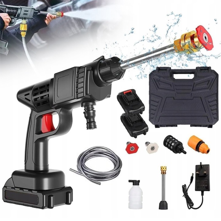 Ydene Преносим пистолет за водоструйка, работещ с батерии, 1000 W, с контейнер за пяна, 3 различни дюзи, 2x 3500 mAh батерия, 5 м маркуч, чанта за носене, черен - за кола, огради, тераси и вътрешен двор