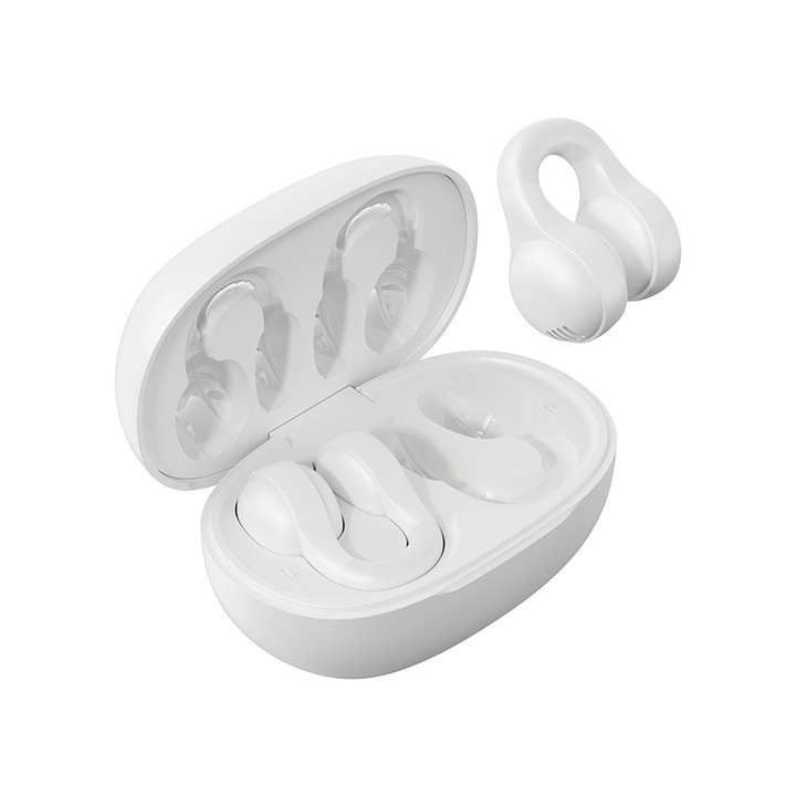 Casti wireless clip-on Bluetooth 5.4, impermeabile, autonomie 20h, alb