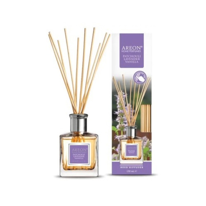 Odorizant de cameră, Areon, Home Perfume Patchouli Lavender Vanilla, 150ml, betisoare din ratan, parfum relaxant