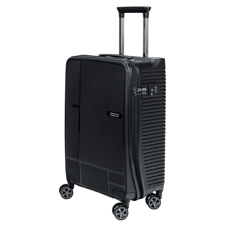 Valiza, Swissbags, 55 x 39 x 25 cm, Negru, Magna, Material Polipropilena, greutate 2, 7 kg, Inchidere Cu Cifru Tsa, Roti Duble Rotative La 360°, Ideala Pentru Calatorii, Cabina, Rezistenta la Zgarieturi, Maner Telescopic