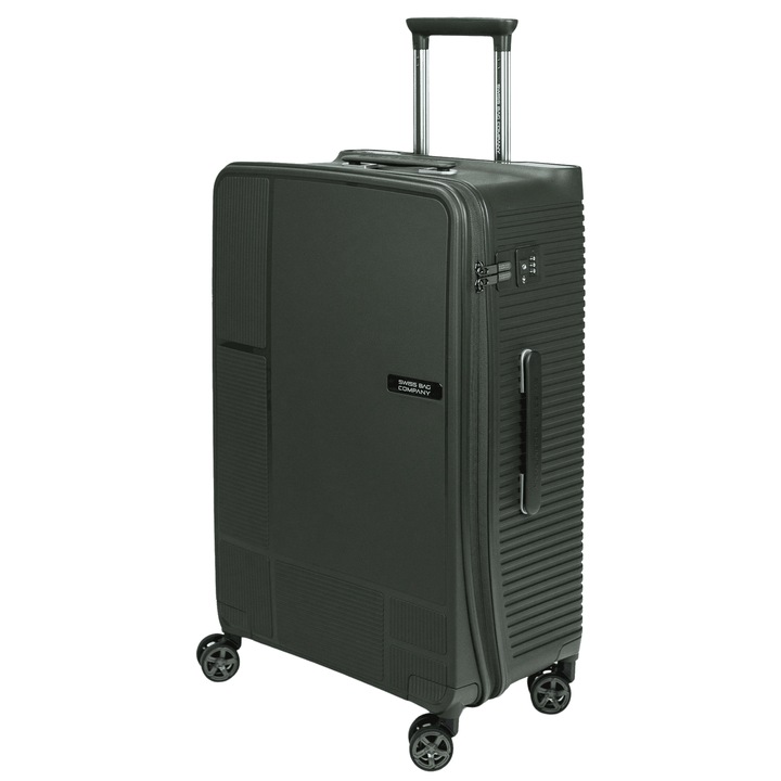 Куфар, Swissbags, 68 x 46 x 29 см, Зелен, Magna, Материал полипропилен, Тегло 3,5 кг, Кодова ключалка TSA, Две отделения с джобове, Идеален за пътуване, Кабина, Устойчив на надраскване, Телескопична дръжка
