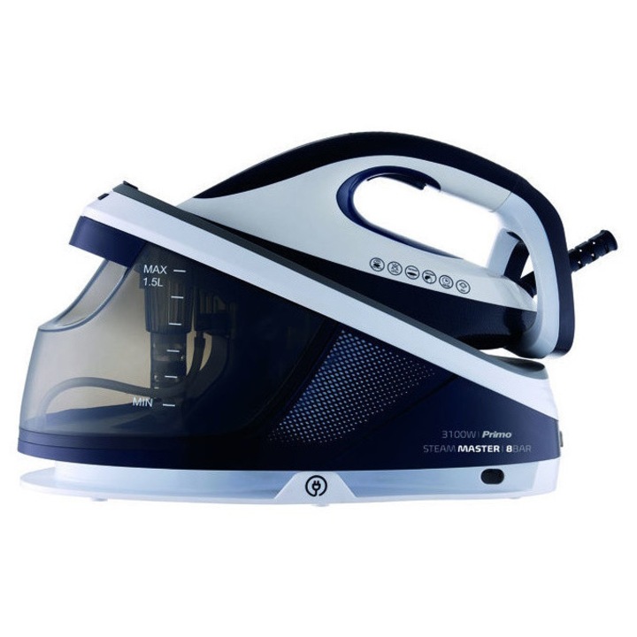 Парна гладачна станция, 8 пръта, Primo PRSS-40506, Керамична гладеща повърхност и технология Opti-temp, Бяло-синьо