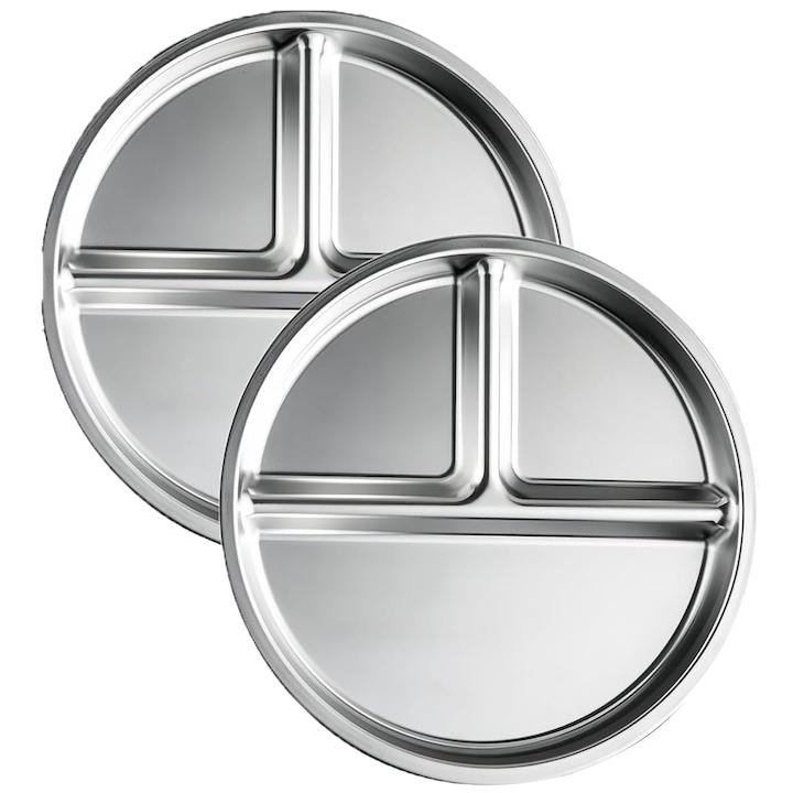 Set 2 Farfurii Intinse ZGGZERG, Inox, 3 Compartimente, Argintiu, 20cm