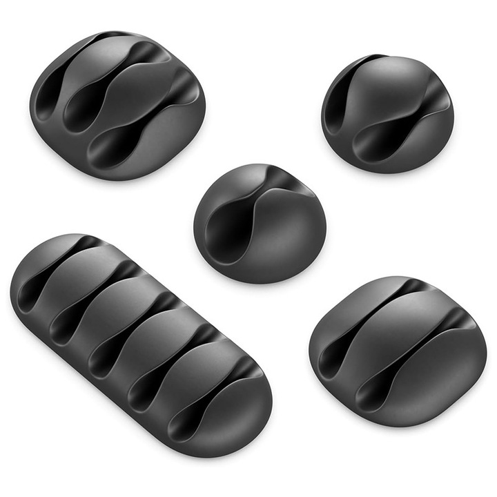 Черен самозалепващ се държач за кабел, комплект от 5 броя