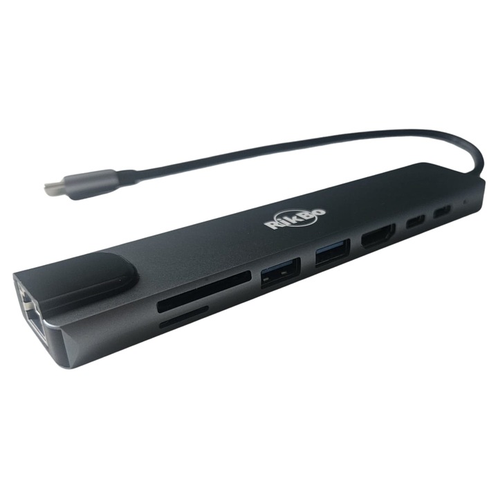 Докинг станция USBC, 8 в 1 RikBo®, 8 в 1 с HDMI 4K, 2x USB 3.0, SD/TF четец, Ethernet RJ45 100Mbps, PD 87W съвместима с лаптоп, MacBook, телефон