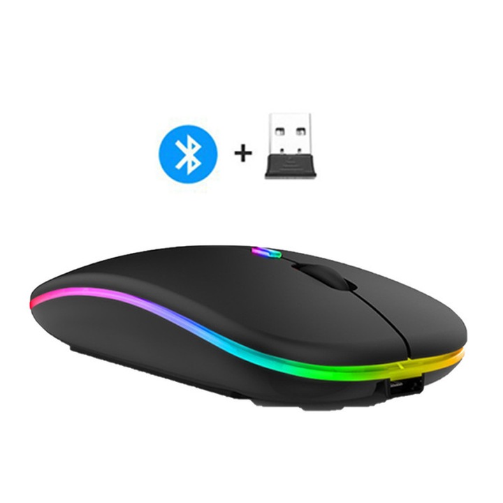 Безжична Bluetooth мишка NUEEK, Bluetooth и USB безжичен приемник, зареждане Type-C, RGB подсветка, изключена, регулируема 800/1200/1600DPI, подходяща за компютър, лаптоп, таблет, мобилен телефон, черна