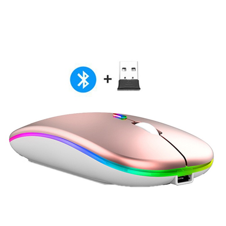 Mouse wireless Bluetooth NUEEK, conexiune receptor wireless Bluetooth si USB, incarcare de tip C, iluminare de fundal RGB, dezactivare, reglabil 800/1200/1600DPI, potrivit pentru computer, laptop, tableta, telefon mobil, auriu roz