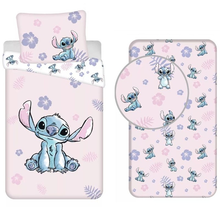 Детски спален комплект Disney, Lilo and Stitch, 3 части, 100% памук, Розов