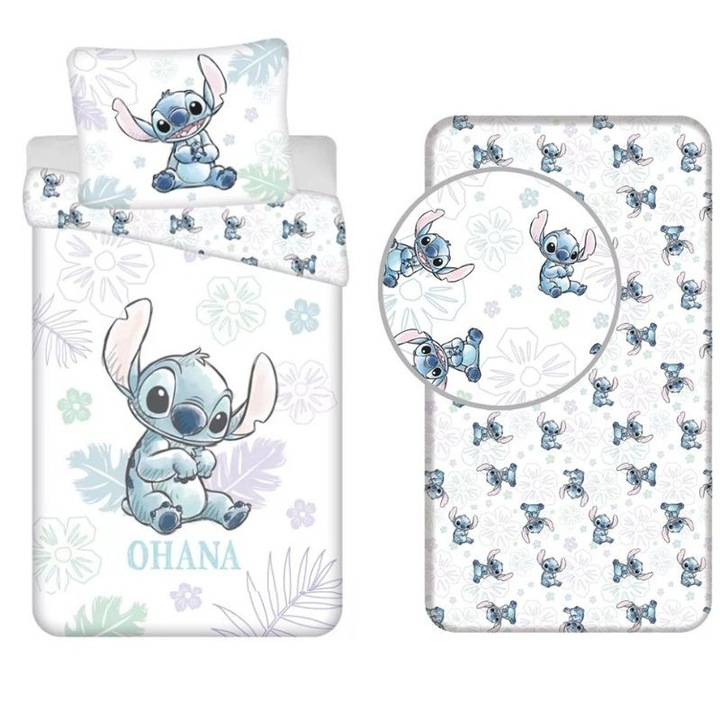 Детски спален комплект Disney, Lilo and Stitch, 3 части, 100% памук, Бял