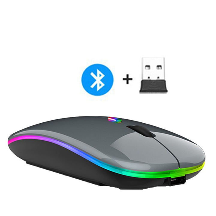 Мишка Безжична Bluetooth NUEEK, Bluetooth и USB безжична връзка за приемник, зареждане Type-C, RGB подсветка, безшумна, регулируема 800/1200/1600DPI, подходяща за компютър, лаптоп, таблет, мобилен телефон, сива