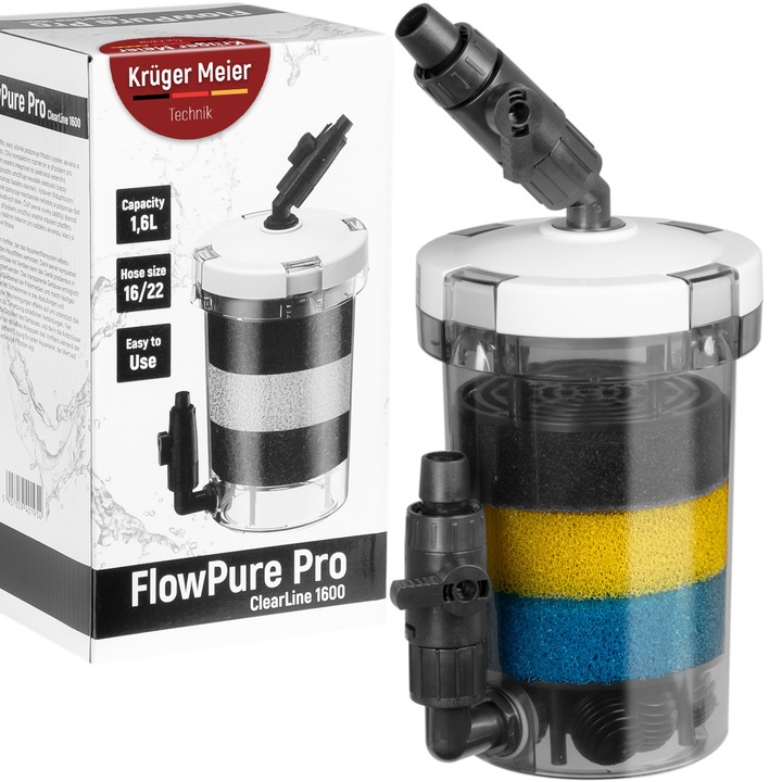 Prefiltru extern acvariu Kruger Meier, FlowPure Pro 16/22, 3 spume filtrante, 15x13x30cm