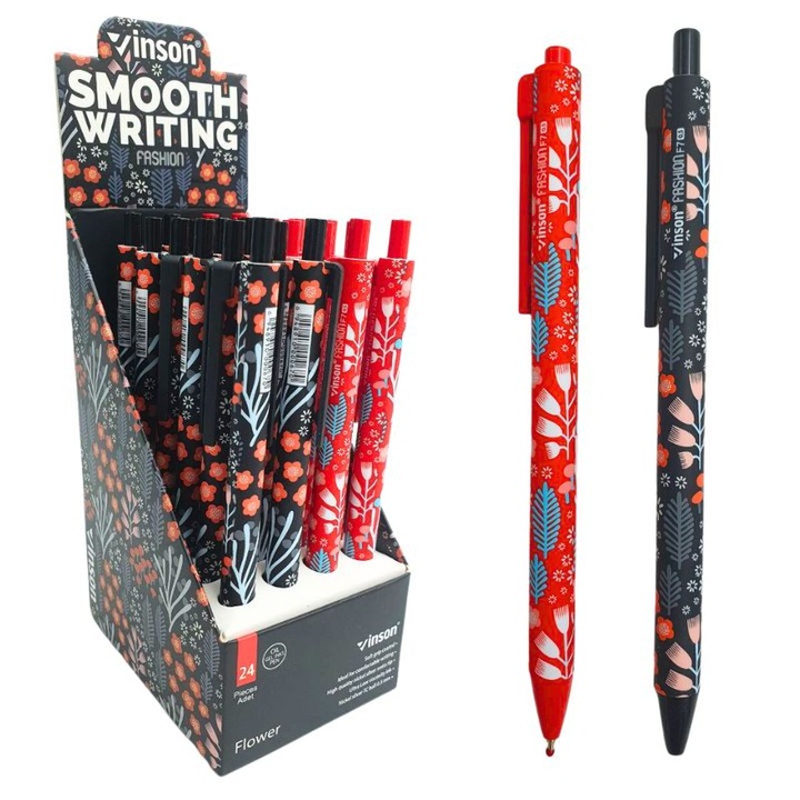 Pix cu gel Vinson Flower 0.5mm, 24 bucati, model floral, pasta albastra, scriere lina