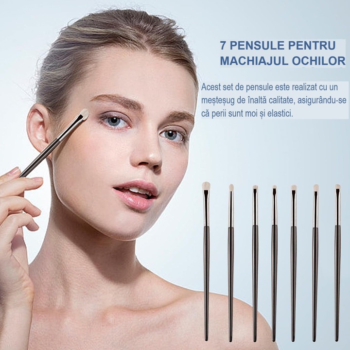 Set pensule machiaj ochi 7 bucati, profesionale, peri naturali ultra moi, precizie si difuzare uniforma, ideal pentru fard si eyeliner, uz zilnic si make-up artistic (cu bureti roz)