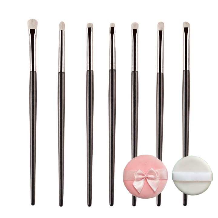 Set pensule machiaj ochi 7 bucati, profesionale, peri naturali ultra moi, precizie si difuzare uniforma, ideal pentru fard si eyeliner, uz zilnic si make-up artistic (cu bureti roz)