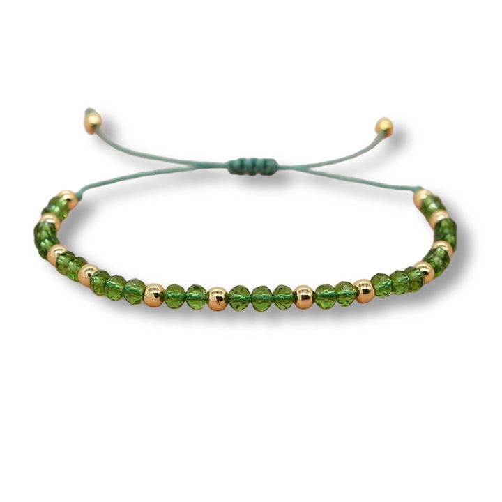 Bratara cu snur cristale verzi 0 bilute striate 4mm din aur 14k reglabil