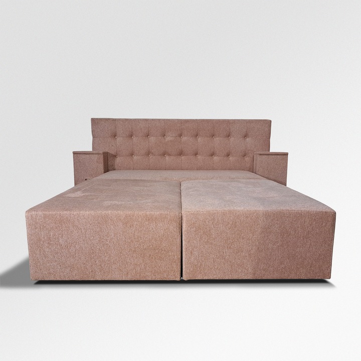 Canapea extensibila cu tablie de pat Rafael 160, Iza, Relaxa, lada, noptiere, perne, culoare roz, stofa, 250x115x105