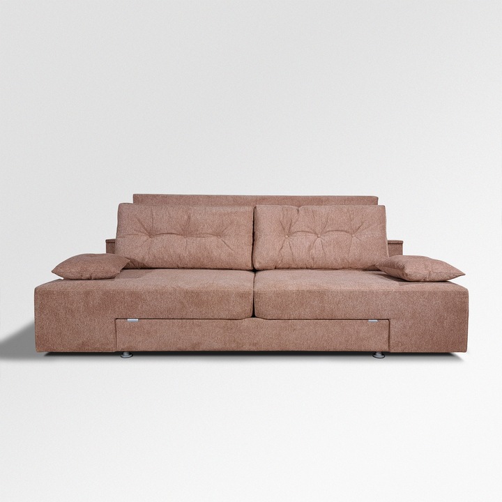 Canapea extensibila cu tablie de pat Rafael 160, Iza, Relaxa, lada, noptiere, perne, culoare roz, stofa, 250x115x105