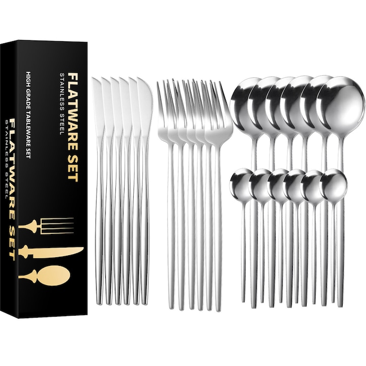 Комплект прибори за хранене от неръждаема стомана 24 части, ZGGZERG, 6 x ножа, 6 x лъжици, 6 x вилици, 6 x чаени лъжички, С кутия за съхранение, модерен дизайн, устойчив на корозия, Лесен за почистване, за сватби, годишнини, къмпинг, Сребрист