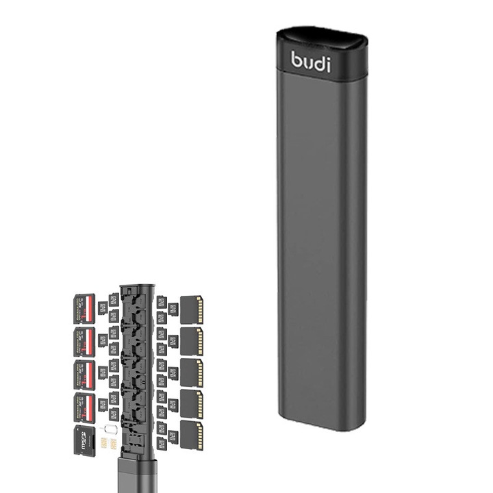 Калъф за SD/TF карти, budi, за 27 Micro SD, 10 SD слота, водоустойчив, черен, 98x68x25мм