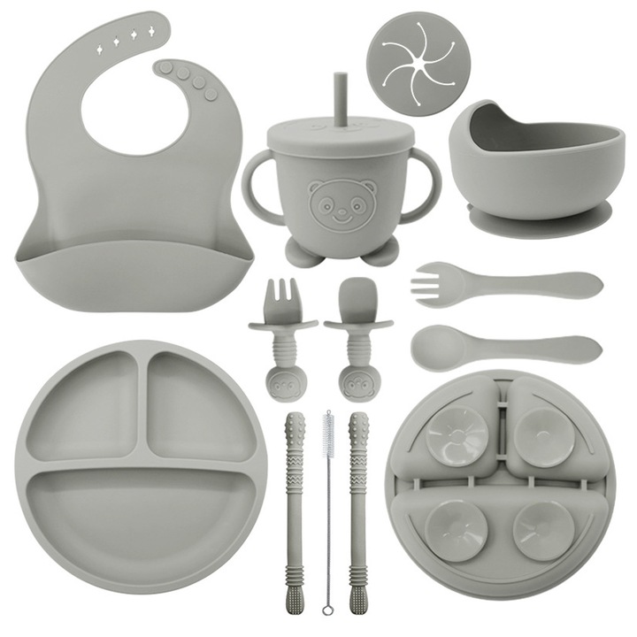 Силиконов комплект за хранене на бебета от 12 части, лигавници за малки деца, разделител за чаши, чиния и купа, лъжица за самостоятелно хранене, комплект прибори за хранене, бебешки принадлежности, хранене за малки деца