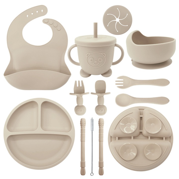 Комплект от 12 части силиконови прибори за хранене за бебета, бебешки лигавници, разделител за чаши, чиния и купа, лъжица за самостоятелно хранене, комплект прибори за хранене, бебешки стоки, хранене за малки деца