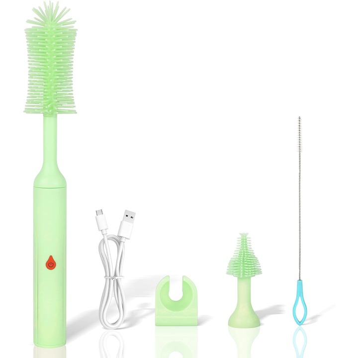 Perie electrica pentru curatat biberoane, perie pentru biberoane cu perie de curatat mameloane/pai si perie din silicon inlocuibila pentru biberoane, curatitor electric impermeabil pentru biberoane, 2 moduri si rotatie la 360°, roz