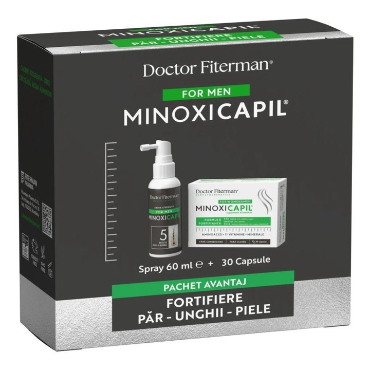 Pachet Spray impotriva caderii parului pentru barbati Minoxicapil, 60ml + Minoxicapil, 30 capsule, Fiterman