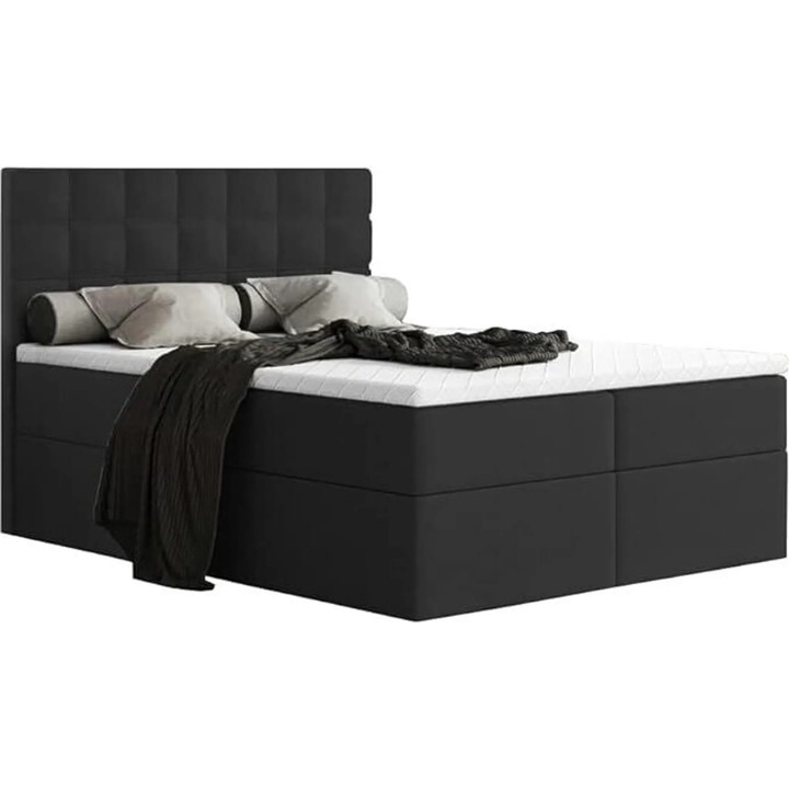 Pat dublu matrimonial MERA 200x200 cu saltea Bonell, 2 lazi de depozitare, tip boxspring (Piele ecologica neagra Madryt 1100)