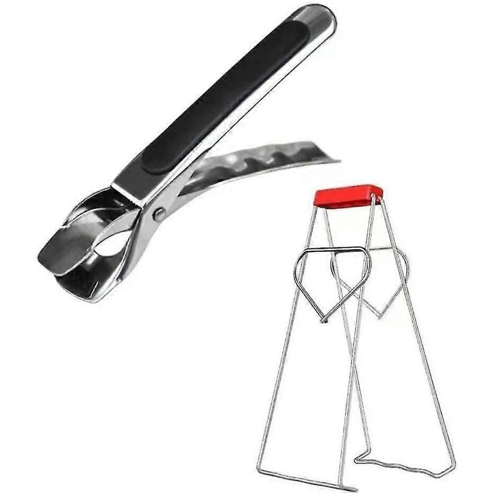 Cleste din otel inoxidabil anti-arsura, set 1x cleste anti-arsura + 1x suport, ergonomic, negru