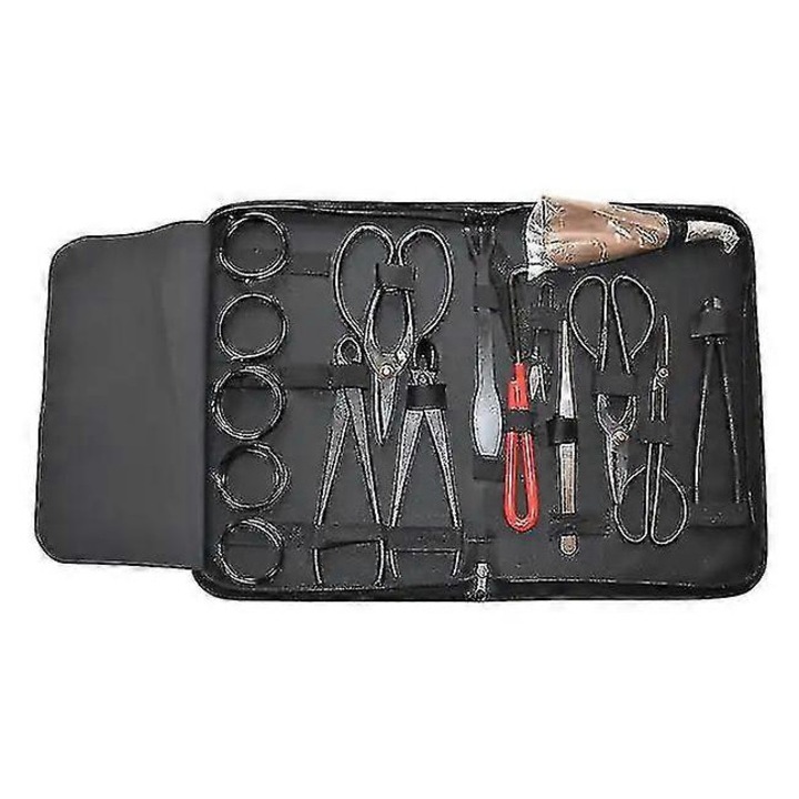 Set 16 unelte pentru bonsai din otel carbon cu husa din nailon, dimensiuni 35x24x4cm