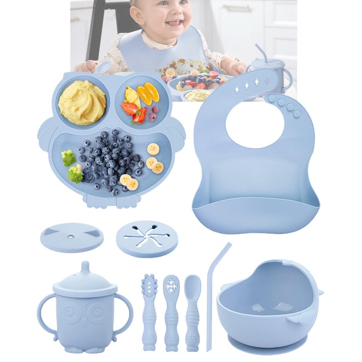 10 darabos baba etetőkészlet, Dussdote, diverzifikáció, szilikon, előke, tányér, tapadókorong, uzsonnáspohár, kanalak, allergénmentes, Vezetett elválasztási készlet babáknak és gyermekeknek, kék
