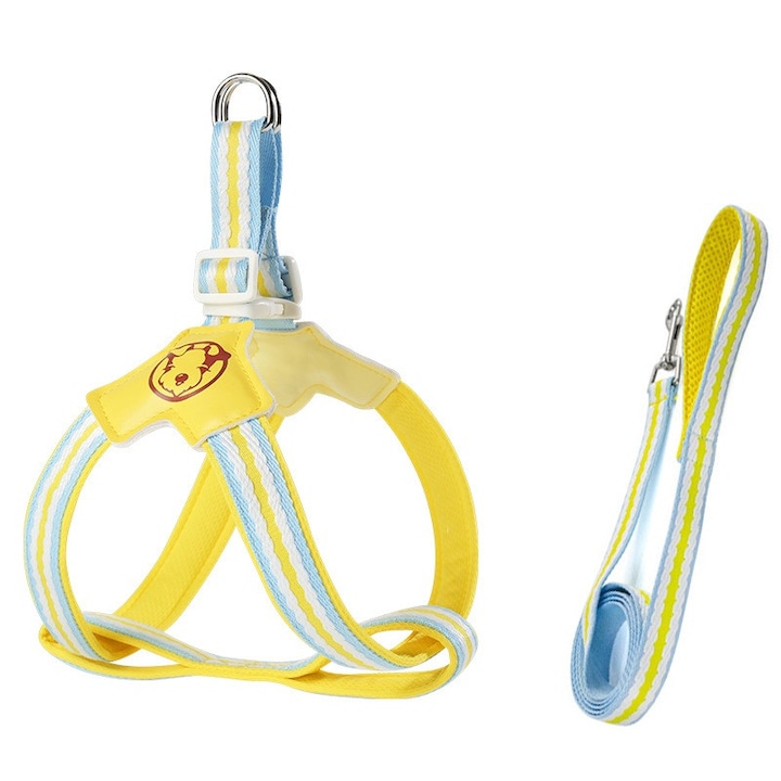Set Ham si Lesa pentru Caini medie si mare, culori vii, reglabil, nailon, potrivit pentru caini de talie mica si medie, galben