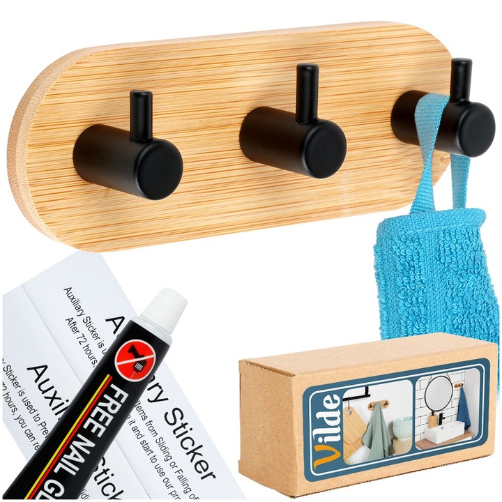 Cuier Din Lemn Cu 3 Carlige, Vilde, 3 Carlige, 14x3.5x5 cm, Fabricat Din Lemn De Bambus Si Metal, Montare Fara Gaurire, Negru, Utilizare Universala, Design Modern