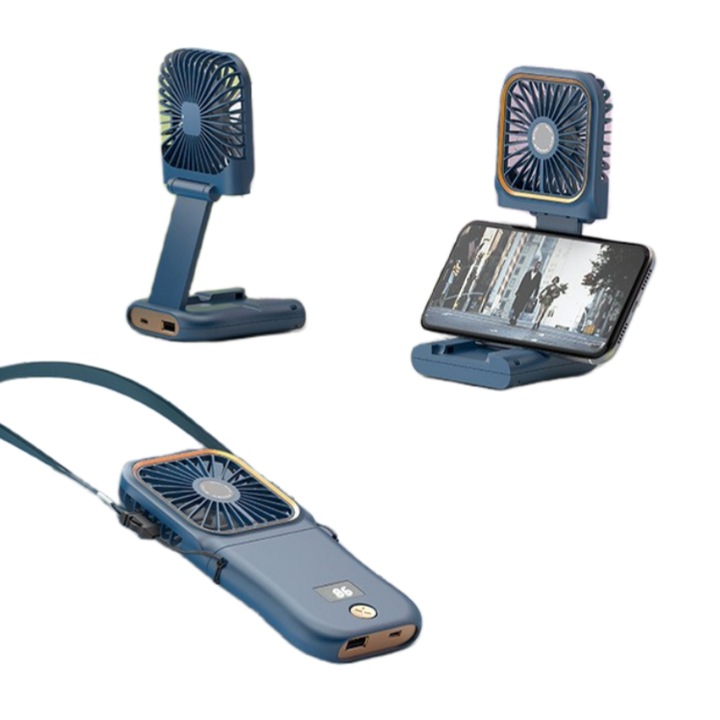 3 az 1-ben Hordozható Hajtható Mini Ventillátor F3, Kék, 3000mAh, 3 sebesség, Powerbank, Telefontartó, Csendes, 167x80x19 mm