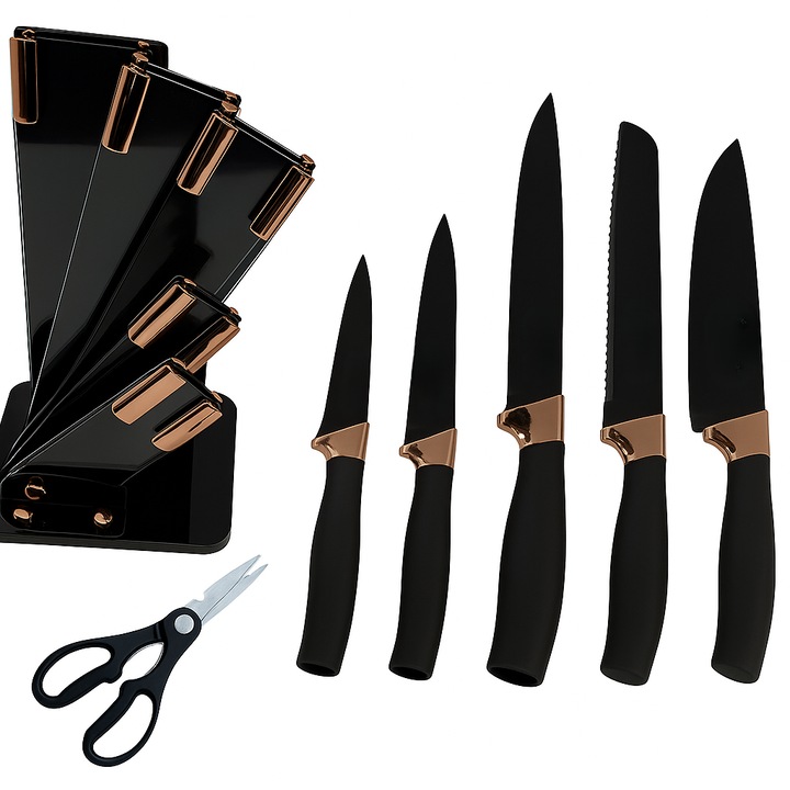 Set 5 cutite si foarfeca de bucatarie cu suport, Zola, maner ergonomic din plastic, multifunctionale, negru/rose gold