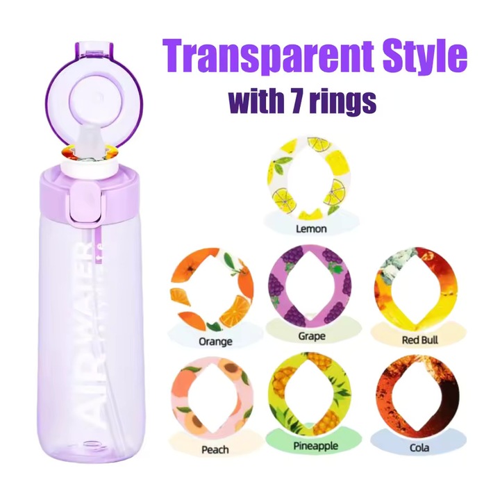 Ароматизирана бутилка за вода NeuroScent 750 мл, съвместима с Air Up – 0 захар, 0 калории, 7 автентични капсули със силен вкус, дълготрайна, материал Tritan и силикон без BPA, херметична (-20°C до 100°C), технология Smell-Taste, прозрачно лилаво