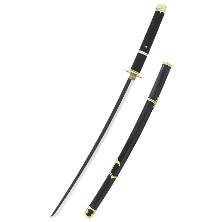 Katana decorativa Yubashiri, 68 cm, otel carbon, cu teaca din lemn, elemente din aluminiu anodizat aurit, Emporium