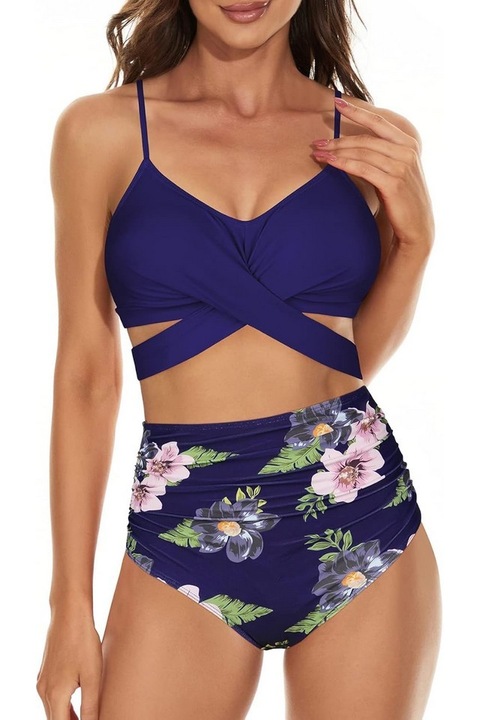 Дамски бански костюм, висока талия, повдигащ ефект, от две части, с регулируеми презрамки, тъмносин с флорален принт, Century Star, Многоцветен флот