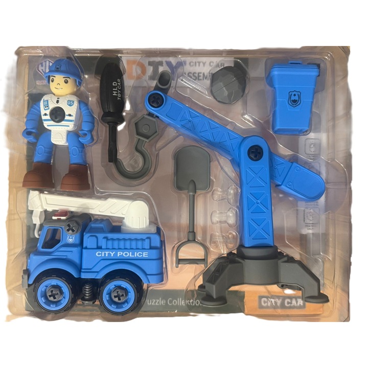 Set Jucarie City Police DIY cu Macara si Vehicul – Puzzle Educativ de Asamblat si Demontat, 3 ani+
