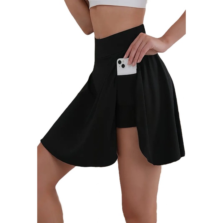 Fusta sport cu talie inalta, buzunar, uscare rapida, Negru