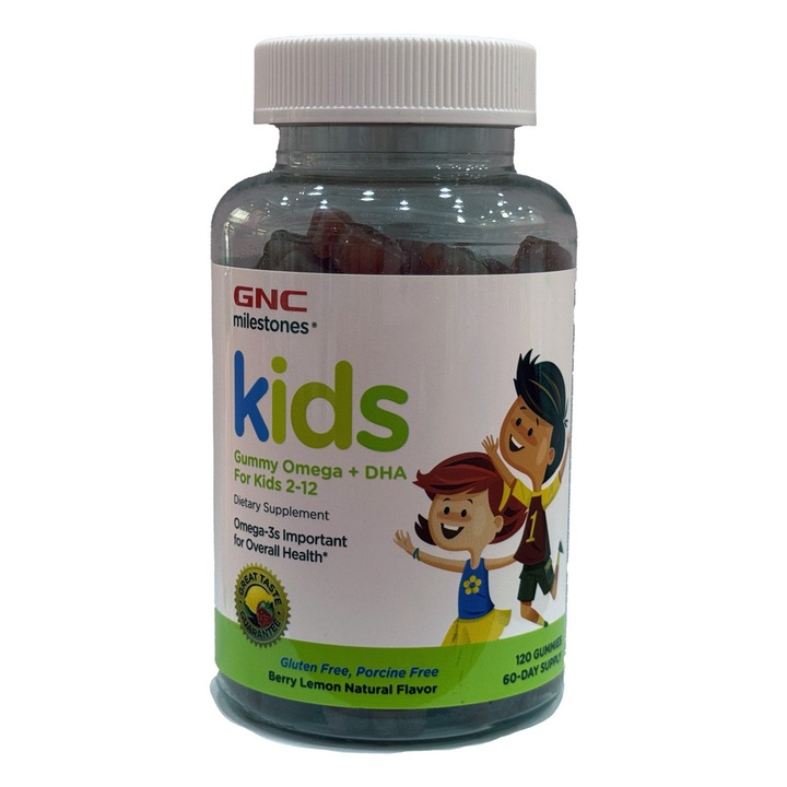 Jeleuri masticabile GNC Milestones Kids Omega+DHA, 120 jeleuri, fructe de padure, limonada, pentru copii 2-12 ani