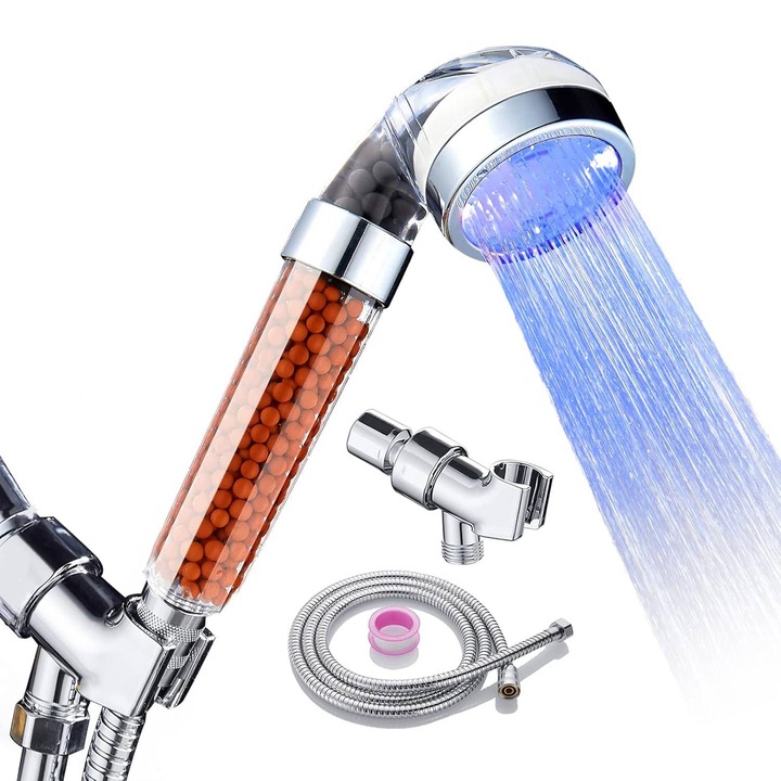 Para Dus Premium cu Vitamina C, Filtru Ionic si Pietre Filtrante, 7 Culorile se schimba ciclic, 1 suport adaptor, furtun de 1, 5 metri, Inox+ABS, argintiu