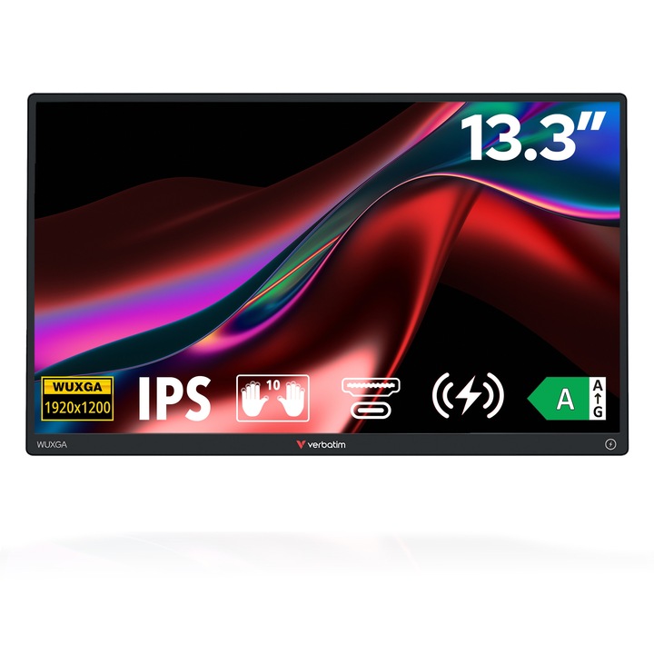 Monitor portabil Verbatim 13.3", Touchscreen, WUXGA 1920x1200, 2 x USB-C, HDMI, incarcare fara fir, acumulator extern wireless 5000 mAh, carcasa Aluminiu